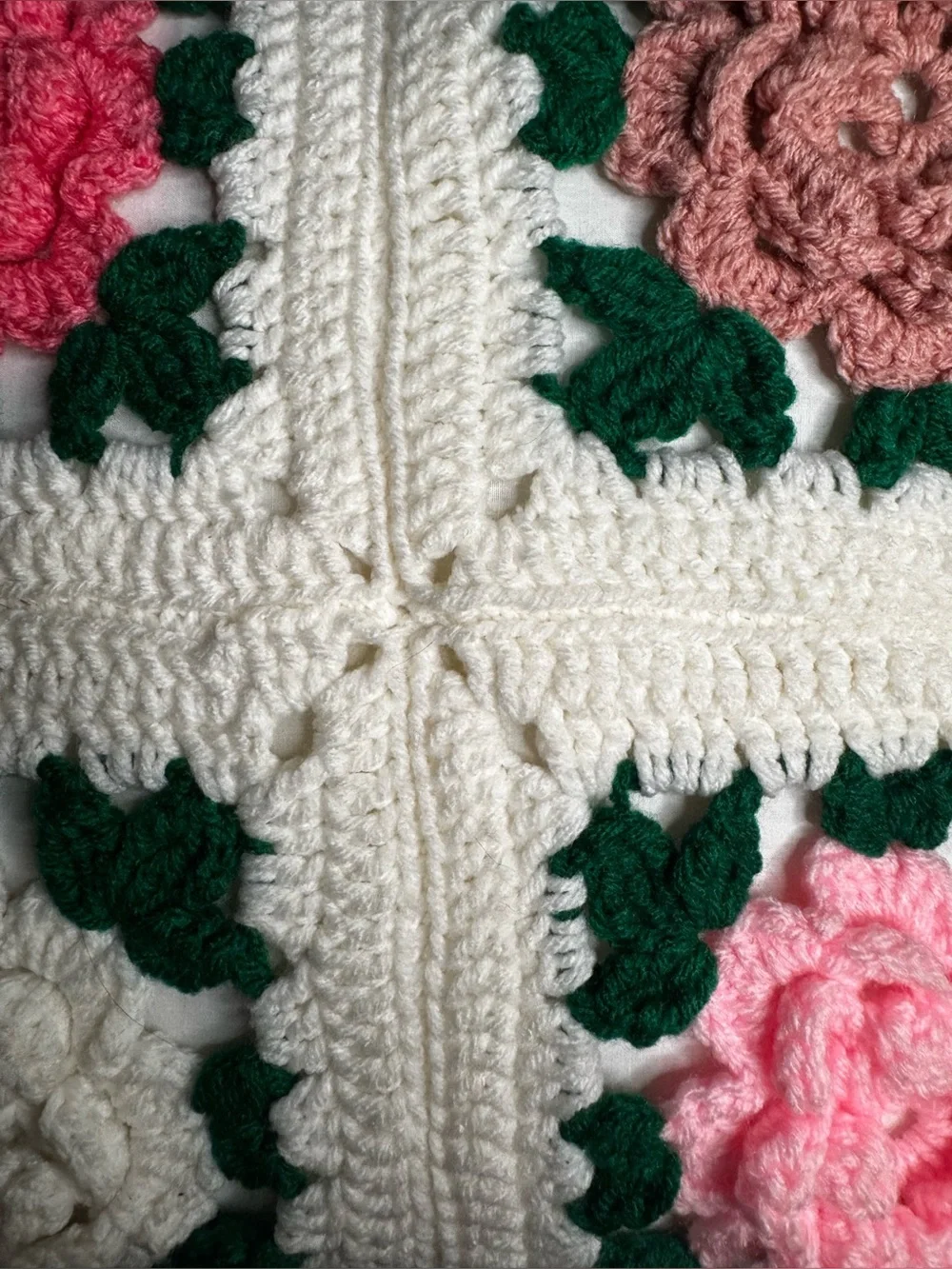 Handmade 16” 3D roses granny square pillow - different colors on each side!